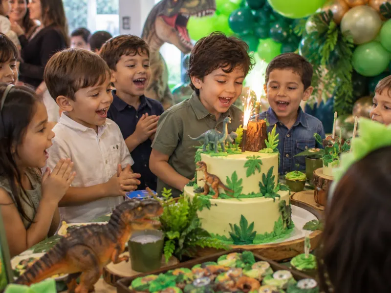 Niños alrededor de una torta de dinosaurio en una fiesta temática en Bogotá