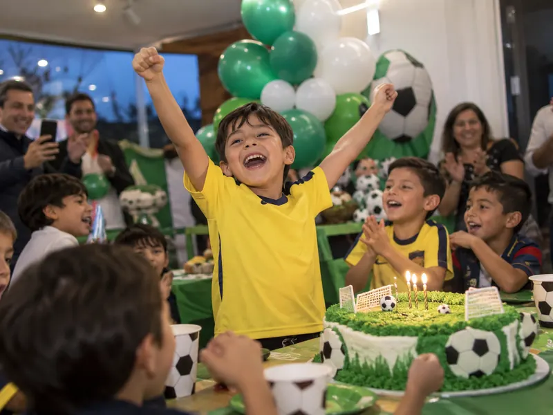 Niño con camiseta amarilla celebrando su cumpleaños temático de fútbol con globos y balón