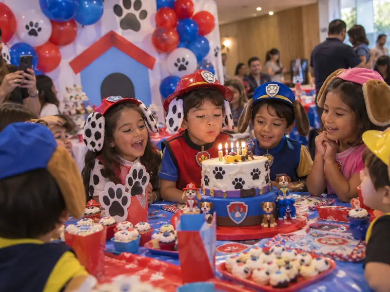Niños con orejitas de perrito y gorritos en una fiesta temática de perritos rescatistas en Bogotá