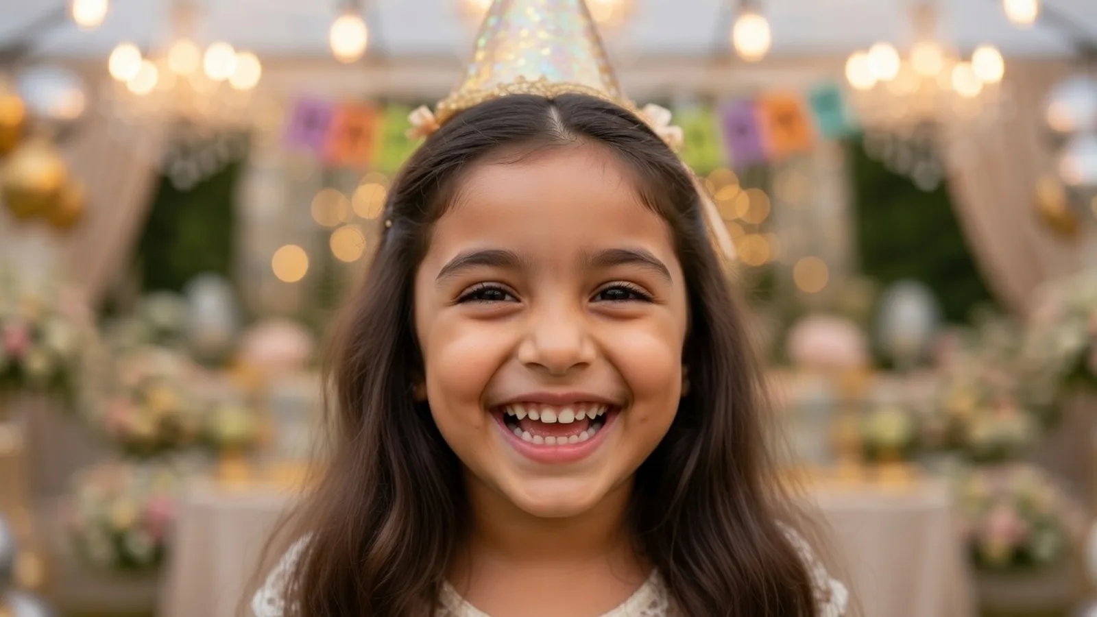Niña feliz con gorro de fiesta en su cumpleaños en Bogotá